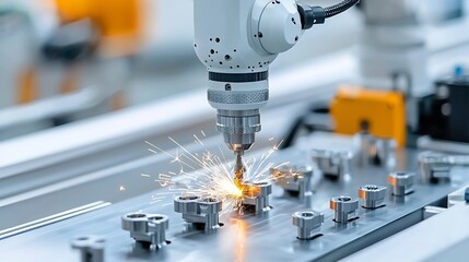 Poster - High Precision Robotic Drill Intensely Working on Metal Parts in an Advanced Industrial Environment with Vivid Sparks and Sophisticated Machinery