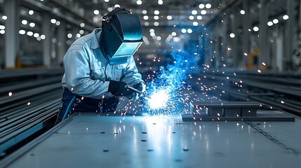 Poster - Industrial welder in protective clothing performing metal joining with bright blue sparks symbolizing skilled craftsmanship and manufacturing processes