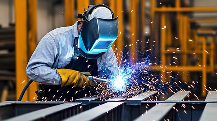 Poster - Industrial Welder in Protective Gear Joining Metal Pieces Together with Bright Blue Sparks Symbolizing Craftsmanship and Skilled Metalwork