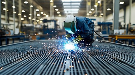 Poster - Skilled welder concentrating intently on the bright blue sparks as they expertly weld metal components in an industrial workshop