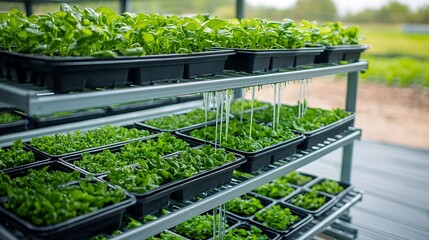 Aufkleber - Vertical hydroponic system with nutrient rich water flowing through trays showcasing a modern soil free farming setup for growing fresh lush leafy greens indoors in a controlled