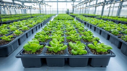 Aufkleber - Hydroponic trays filled with vibrant green lettuce growing under energy efficient LED lights showcasing a modern soil less cultivation system for sustainable indoor farming
