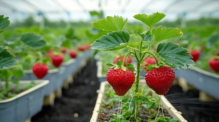 Aufkleber - Innovative aeroponic setup for growing strawberries in vertical columns with roots misted with essential nutrients to highlight advanced agricultural technology and sustainable food production