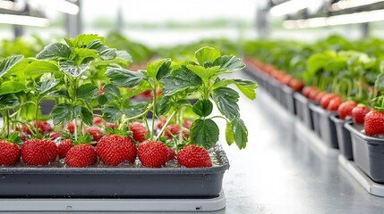 Aufkleber - Aeroponic strawberry cultivation system with plants growing in vertical columns their roots misted with nutrient rich solution to highlight innovative