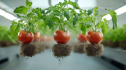 Aufkleber - Innovative aeroponic system with tomato plants suspended in mid air their roots sprayed with a fine nutrient mist showcasing a cutting edge approach to modern sustainable agriculture