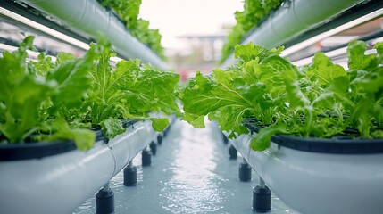 Aufkleber - Lettuce growing in a hydroponic system with vertical tubes and circulating water showcasing an efficient and soil free farming technology for sustainable and environmentally friendly food production
