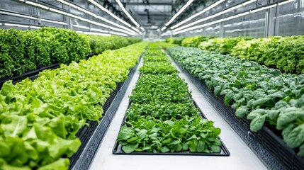 Aufkleber - Rows of lush vibrant leafy greens thriving in a modern hydroponic greenhouse with the help of energy efficient LED lighting that promotes optimal growth and yields for sustainable high tech farming