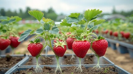 Aufkleber - Aeroponic column of strawberries with misted roots displaying advanced farming techniques in a high efficiency setup for sustainable modern food production