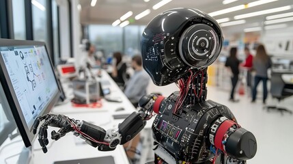 Poster - Futuristic robotic assistant with an advanced interface helping a human in a high tech environment and symbolizing the innovative advancements in intelligence and robotics technology
