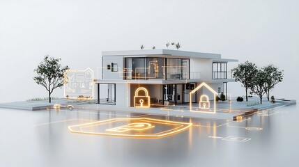 Aufkleber - Glowing padlock and shield icons overlaying a modern smart home symbolizing advanced and secure home protection technology  The image represents a high tech connected