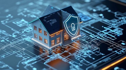 Aufkleber - Futuristic Smart Home with Glowing Digital Lock and Protective Shield Overlay Concept Representing a Fully Automated and Secure Residence of the Future