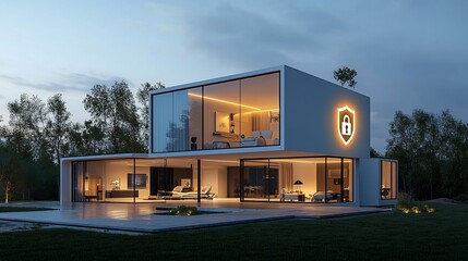Leinwandbilder - Striking image of a contemporary home design featuring a glowing padlock and shield icon superimposed highlighting the of reliable security and protection technology within the architecture