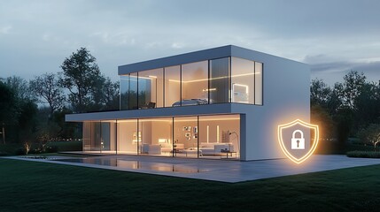 Fototapete - Secure and Technologically Advanced Modern Home with Glowing Shield and Padlock Icons Overlay Highlighting Reliable Digital Protection and Safety Features
