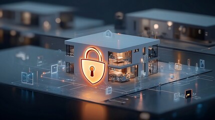Aufkleber - Glowing padlock and shield icon hovering over a smart home representing the trusted and advanced protection of digital security systems and connected devices