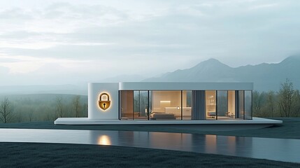 Fototapete - Iconic glowing padlock and shield hovering over a smart home representing advanced and trusted digital protection and security for the modern connected residence