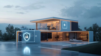 Aufkleber - Futuristic high tech smart home with a bright shield and lock icon overlay representing comprehensive digital protection and security for a modern connected residence