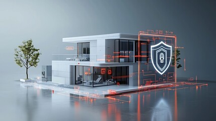 Aufkleber - Futuristic smart home with a bright digital shield and lock icon overlay representing comprehensive protection and security for a modern intelligent residence of the future