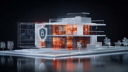Fototapete - Futuristic smart home interior design with bright shield and lock icons overlaying the architecture representing advanced digital protection and security features for a modern connected residence