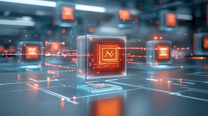 Fototapete - Floating holograms and flowing light lines illustrating seamless global digital connectivity with data and information moving across networks in a futuristic abstract visualization