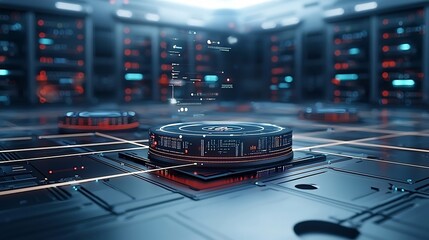 Fototapete - Glowing digital network with light beams connecting various data hubs in a futuristic space representing global connectivity and data flow in the modern technological world