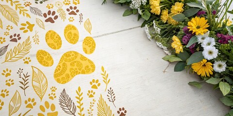 Wall Mural - A beautiful and colorful background with a yellow doodle paw print pattern in a floral or botanical design, plants, pattern