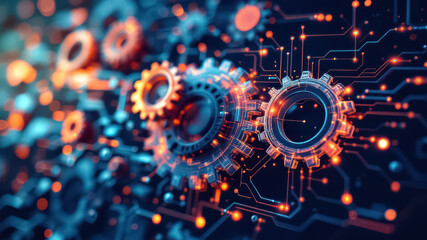 interconnected gears and circuitry symbolizing synergy between technology and business processes