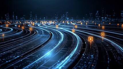 Leinwandbilder - Flowing Digital Network Abstract with Interwoven Glowing Data Nodes Depicting a Sense of Futuristic Connectivity and Technology