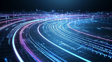 Fototapete - Mesmerizing digital network of vibrant flowing light lines in shades of blue and purple creating a dynamic and futuristic background texture ideal for sci fi technology or digital art projects