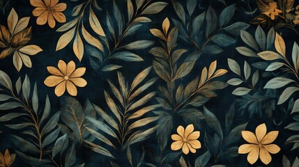 Wall Mural - Abstract Gold and Teal Floral Pattern on Dark Canvas