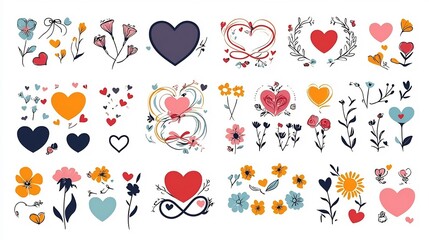 Poster - Vibrant collection of icons depicting a variety of romantic love symbols such as intertwined hearts rings and flowers in a colorful and playful design style  Ideal for use in wedding engagement