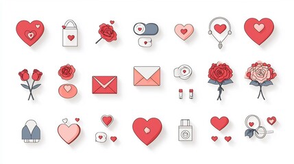 Aufkleber - Elegant Icon Set Featuring Classic Romantic Symbols Like Hearts Envelopes Roses and Wedding Rings for Valentines Anniversaries and Other Celebratory Designs