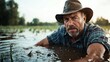 © Maximages  - A man wearing a hat works in a waterlogged field during heavy rain, highlighting the challenges and determination involved in manual labor under difficult conditions.