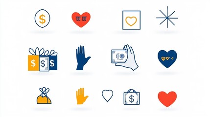 Poster - Vibrant icons designed to symbolize the spirit of charity philanthropy and community driven initiatives  These graphic elements depict hands in gesture of giving heart symbols and monetary donations