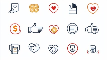 Poster - Captivating collection of charity and philanthropy icons including handshakes open hands with coins and heart symbols in a dynamic format  These versatile design elements convey the essence of giving