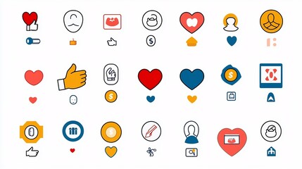 Poster - Collection of charity and philanthropy icons including handshakes open hands with coins heart symbols and other graphic elements for use in nonprofit organizations social impact initiatives