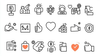 Poster - Collection of icons representing the concepts of charity philanthropy and community support  Includes elements like handshakes open hands with coins heart symbols