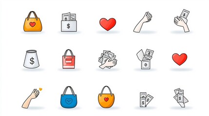 Poster - Minimalist icons symbolizing the act of donation charitable giving and community support  Includes icons like money bags love hearts and helping hands   perfect for charity nonprofit