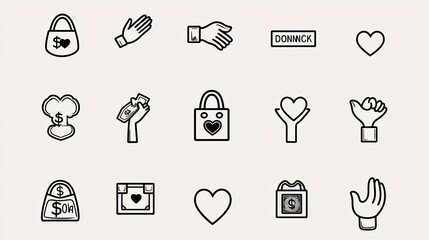Poster - Minimalist icons depicting symbols of donation charity and community support including money bags love hearts and helping hands  Perfect for designs related to nonprofit organizations fundraising