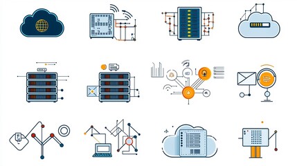 Leinwandbilder - Set of icons representing cloud computing and network hosting services including symbols like data clouds servers