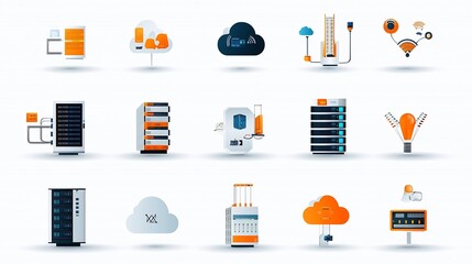 Aufkleber - Collection of icons representing various aspects of hosting and cloud computing services including servers cloud storage data networks