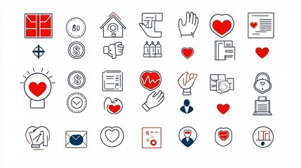 Poster - Set of icons highlighting the concepts of donations charity and generosity  The icons feature symbols such as coins heart hands and support elements