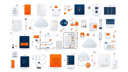 Leinwandbilder - Minimalist and clean style icons representing various elements of cloud computing networks such as cloud storage encrypted data server connections and other digital technology infrastructure
