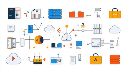 Leinwandbilder - Clean style icons representing cloud computing network elements such as cloud storage encrypted data and server connections for technology digital and business infrastructure solutions
