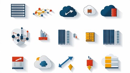Aufkleber - Conceptual featuring a collection of icons representing hosting and cloud storage concepts including server racks cloud links and data downloadupload arrows