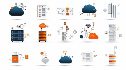 Aufkleber - Set of icons illustrating various hosting and cloud network concepts such as virtual servers digital data flow cloud sync and other technology infrastructure elements