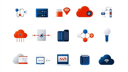 Fototapete - Comprehensive Icon Collection Showcasing the Symbols and Features of Cloud Computing and Hosting Services Including Connected Devices Database Clouds and Secure Connections