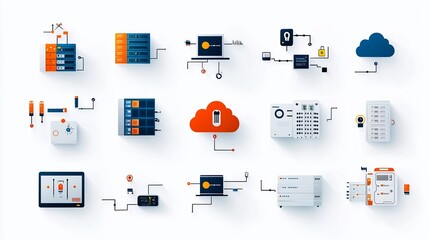 Leinwandbilder - Comprehensive Icon Collection Showcasing a Wide Range of Cloud Computing and Hosting Services Including Connected Devices Database Clouds and Secure Network Connections