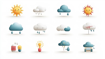 Aufkleber - Vibrant Weather Condition Icons in Cheerful Design   Collection of colorful symbols representing different weather elements such as sun rain clouds and lightning in a bright and cheerful visual style