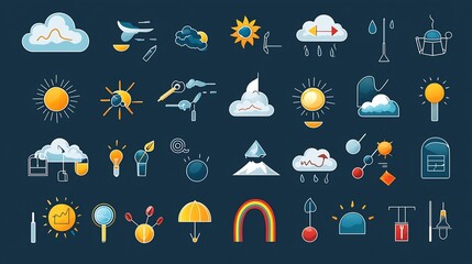 Aufkleber - Vibrant Weather Icon Set in Symbols Such as Cloudy Skies Snow Rainbows and Sun Ideal for Weather Forecast and Climate Applications