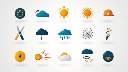 Aufkleber - Comprehensive collection of vibrant icons representing various weather elements such as rain sunshine fog and temperature designed in a sleek and modern aesthetic style for use in digital interfaces